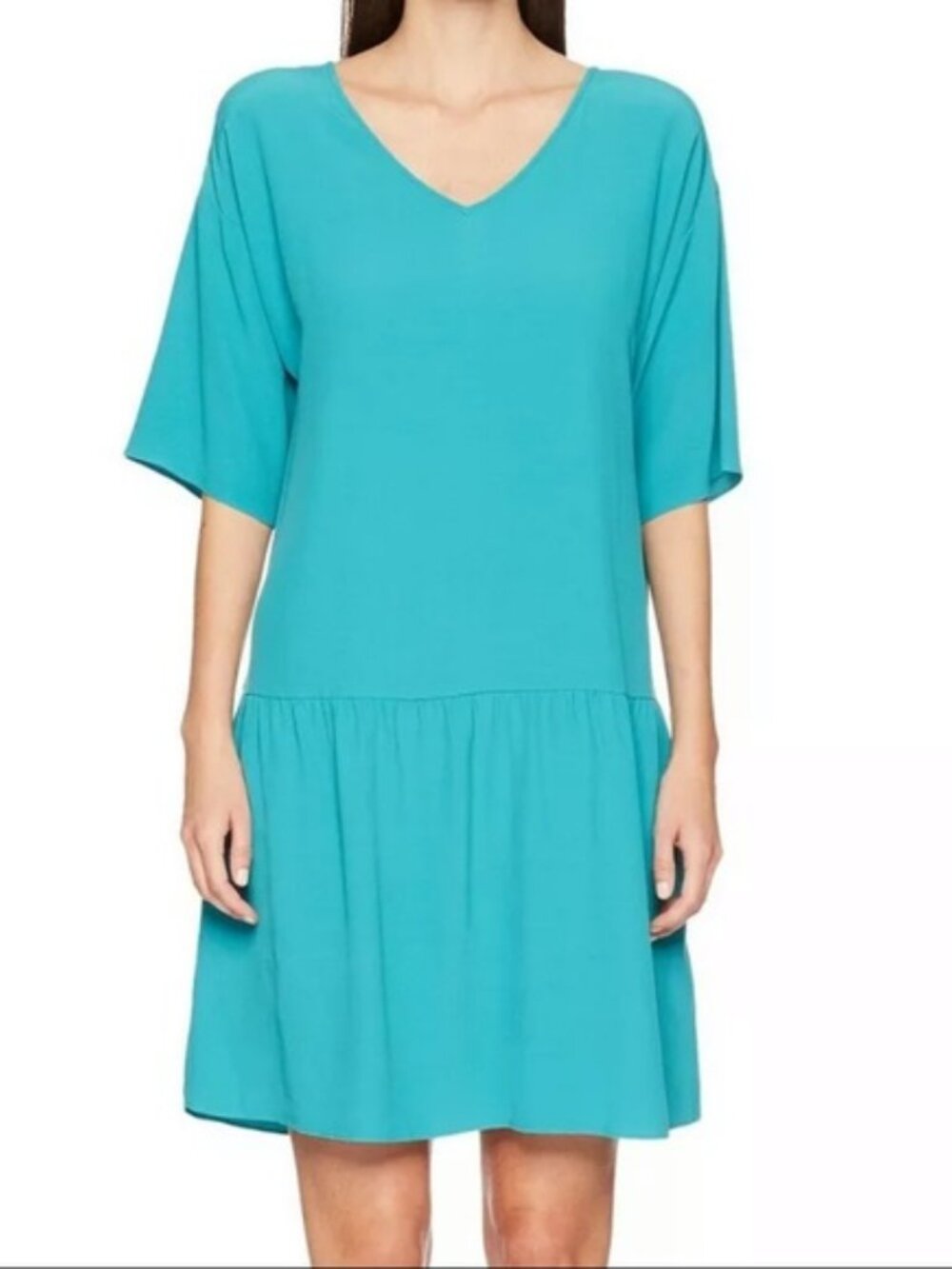 Eileen Fisher Dress LARGE Turquoise Crepe V Neck Drop Waist half sleeve 2P -4P